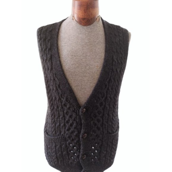 CARRAIG DONN Men's Aran Charcoal Gray Waistcoat Wool Sweater Size Large Ireland